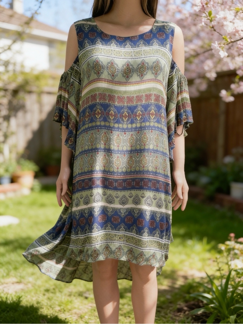 Luxology Cold Shoulder Boho Paisley Dress Size 16 Lined Rayon